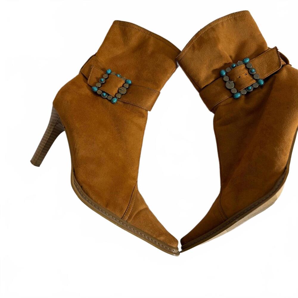 BOHO Faux Suede Turquoise embellished ankle boot 4 inch‎ heels. Side Zip SZ 8.5